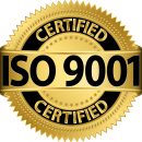 ISO 9001 certified golden label, vector illustration